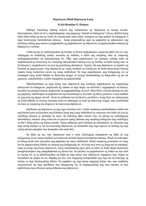 depresyon sanaysay|DEPRESSION, SUICIDE: Seryosong problema na di .